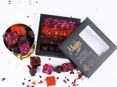 Mughe Gourmet Luxury Turkish Delight Assorted 360g (13Oz) 25 pc.- 4 Varieties: Dark Chocolate, Rose, Saffron, Zereshk with Pomegranate Flavor - Prestigious Lokum Gift Box - Perfect for Special Days