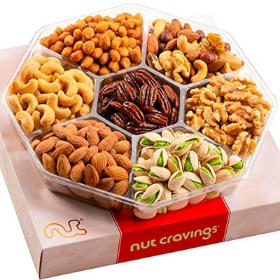 NUT CRAVINGS Gourmet Collection - Valentines Mixed Nuts Gift Basket in Red Gold Box (7 Assortments, 1 LB) Arrangement Platter, Birthday Care Package - Healthy Kosher Corporate