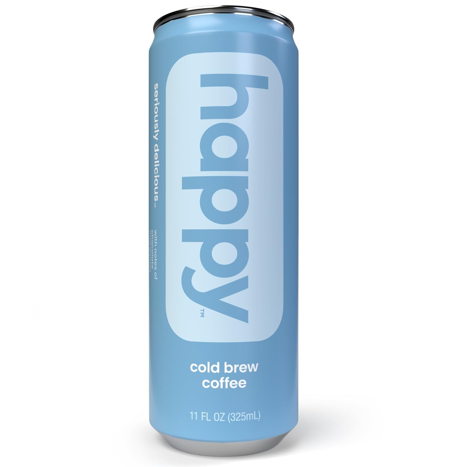 happy coffee cold brew, 11 oz. cans, 12 pack, notes of chocolate &amp; genius, 100% arabica beans, no artificial flavors or sweeteners