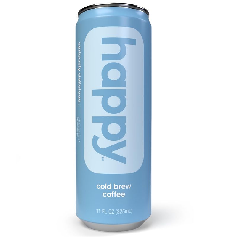 happy coffee cold brew, 11 oz. cans, 12 pack, notes of chocolate &amp; genius, 100% arabica beans, no artificial flavors or sweeteners