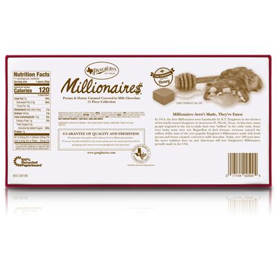Pangburn's Millionaires Candy Box 9.75 Ounce Pangburn's Millionaires Candy Box 9.75 Ounce; Buttery Pecans, Creamy Caramel, Honey, and Mouthwatering Milk Chocolate; Texas Born, and Loved by All