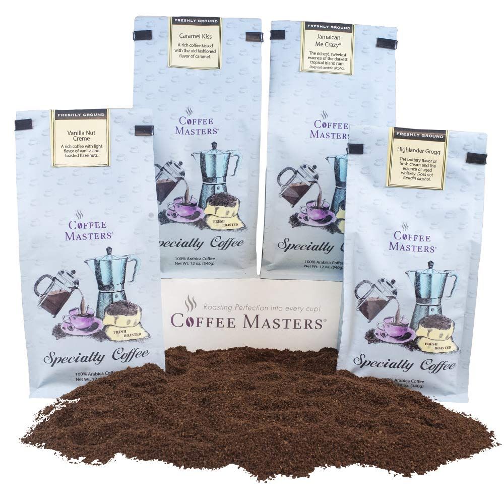 Coffee Masters Ground Coffee Sampler, Jamaican Me Crazy, Chocolate Raspberry, Dark Chocolate Decadence, Almond Amaretto, 48 Ounce