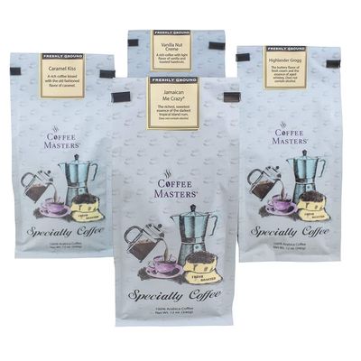 Coffee Masters Ground Coffee Sampler, Jamaican Me Crazy, Chocolate Raspberry, Dark Chocolate Decadence, Almond Amaretto, 48 Ounce