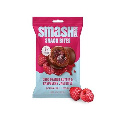 Chia Smash Raspberry Energy Bites | 5 Gluten-Free Vegan Snack Balls with No Sugar Added | 8g Protein, Superfood Jam, Chia Seeds | On-the-Go Convenience | Chocolate Peanut Butter &amp; Raspberry | 8 Packs