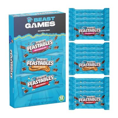 Feastables MrBeast Beast Games Chocolate Bar Box, Milk Chocolate, Crunch, and Peanut Butter, 1.24 oz (35g), 12 count