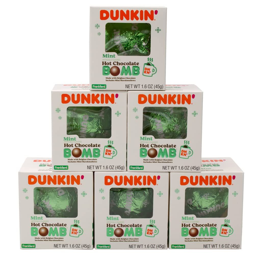 Dunkin&#39; Mint Hot Chocolate Bomb(Pack of 6), Mint-Flavored Belgian Milk Chocolate Melting Ball Filled with Mini Marshmallows, 1.6 Ounce, Individually Wrapped,Gift for Kids Girls Boys Teens Adults