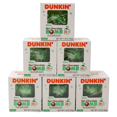 Dunkin&#39; Mint Hot Chocolate Bomb(Pack of 6), Mint-Flavored Belgian Milk Chocolate Melting Ball Filled with Mini Marshmallows, 1.6 Ounce, Individually Wrapped,Gift for Kids Girls Boys Teens Adults