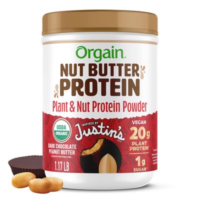 Orgain X Justin&#39;s  Organic Vegan Nut Butter Protein Powder, Chocolate Peanut Butter- 20g Plant Protein, 1g Sugar, Gluten Free, No Dairy, Soy Ingredients, or Artificial Flavors, 1.17 lb