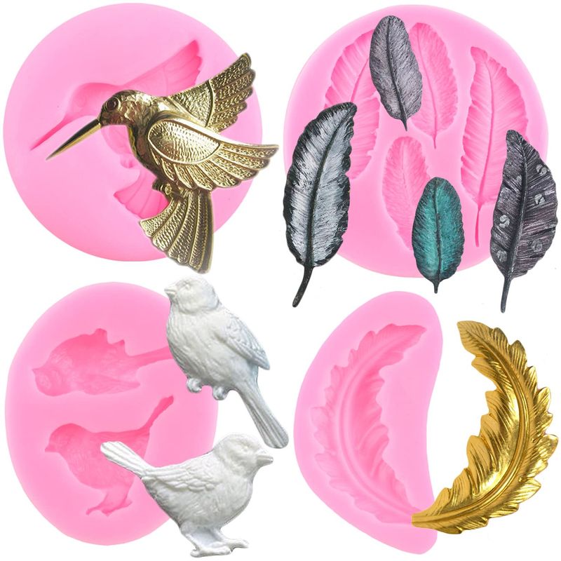 LKDQUTHM Birds Silicone Molds Baroque Feather Fondant Molds For Cake Decorating Cupcake Topper Chocolate Candy Gum Paste Polymer Clay Set Of 4