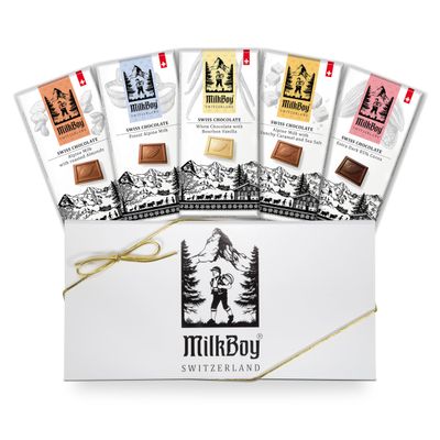 Milkboy Swiss Gourmet Chocolate Bars - Handmade Milk and White Chocolates Bar - Premium Quality, Kosher, GMO-Free - Perfect Valentine&#39;s Day Gift - 5 Pack Mixed Variety