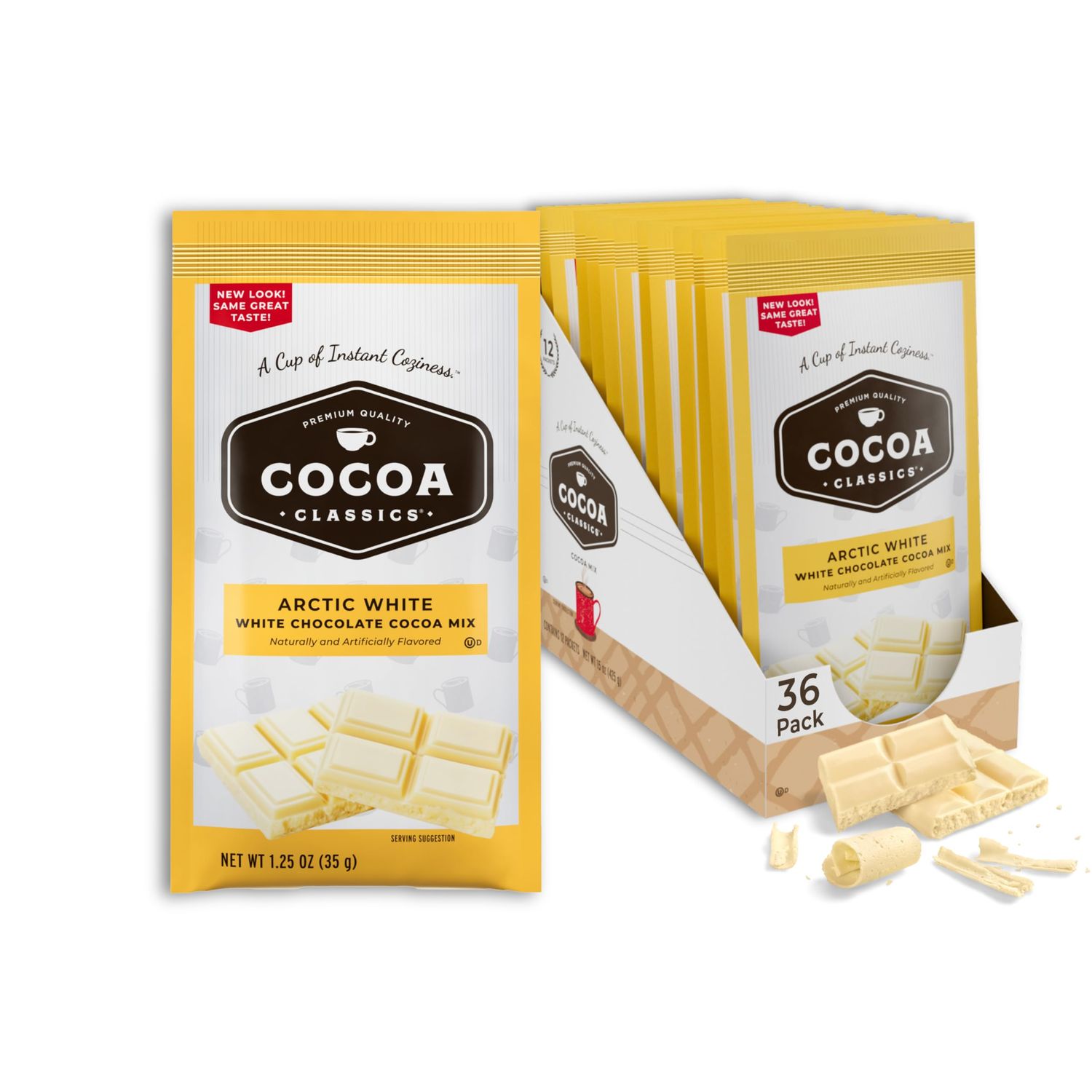 Cocoa Classics Arctic White Cocoa Mix | Hot Chocolate | Made with Nonfat Milk | Just Add Hot Water | Make Hot or Iced Cocoa | Gluten Free &amp; Kosher Dairy Friendly | 1.25oz Packets (Pack of 36)