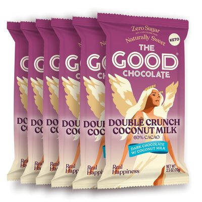 The Good Chocolate - Double Crunch Vegan Coconut Milk Cacao Bar, Coconut Milk Vegan Chocolate Bar, 90% Less Sugar, Lower Net Carb Snack, Lower Calorie, Vegan Chocolate Bars, 6 Bar Value Pack