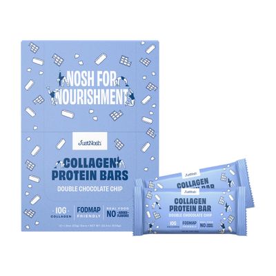 JustNosh Collagen Protein Bars, 10g Collagen, 15g Protein, Gluten Free, Dairy Free, FODMAP Friendly, Seed Oil Free Certified, Clean Ingredients | Double Chocolate Chip (12 Pack)