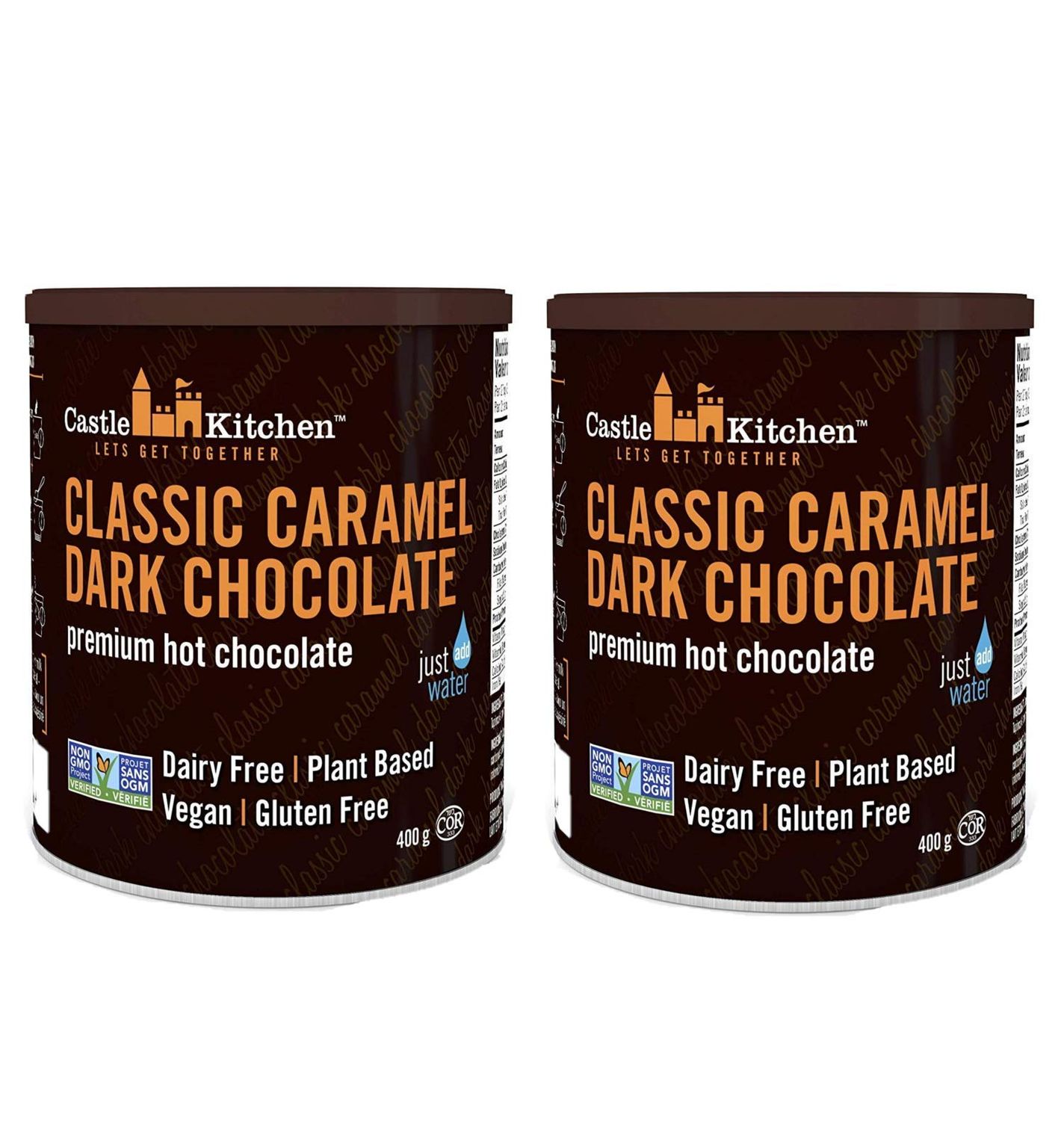 Castle Kitchen Classic Caramel Dark Chocolate - Dairy-Free, Vegan Premium Hot Chocolate Mix - Just Add Water - 14 oz (Pack of 2)