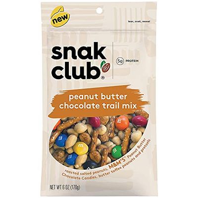 Snak Club Trail Mix, Sweet &amp; Salty Snacks with Roasted Salted Peanuts, M&amp;M&#39;S Peanut Butter Chocolate Candies, Butter Toffee Peanuts &amp; Pretzels, Perfect Snack Mix, 6 oz Resealable Bag (1 Count)