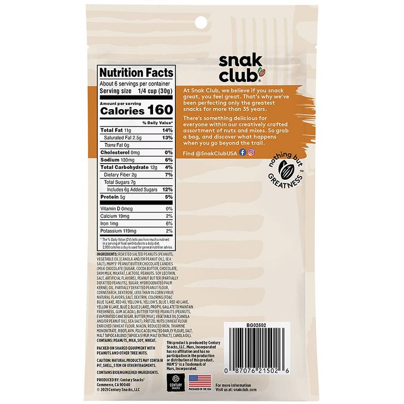 Snak Club Trail Mix, Sweet &amp; Salty Snacks with Roasted Salted Peanuts, M&amp;M'S Peanut Butter Chocolate Candies, Butter Toffee Peanuts &amp; Pretzels, Perfect Snack Mix, 6 oz Resealable Bag (1 Count)