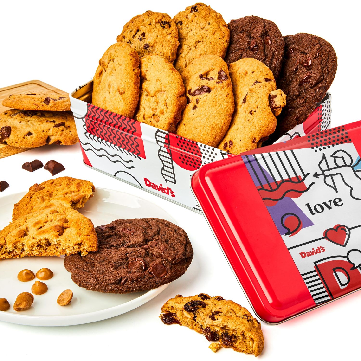 Davids Fresh Baked Assorted Cookies Sweet Sampler in Love Tin 8 Count - Chocolate Chunk, Peanut Butter Chip, Double Chocolate Chunk &amp; Oatmeal Raisin Flavor, Delicious Gourmet Gift For All Occasions