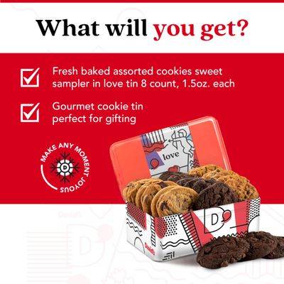 Davids Fresh Baked Assorted Cookies Sweet Sampler in Love Tin 8 Count - Chocolate Chunk, Peanut Butter Chip, Double Chocolate Chunk &amp; Oatmeal Raisin Flavor, Delicious Gourmet Gift For All Occasions