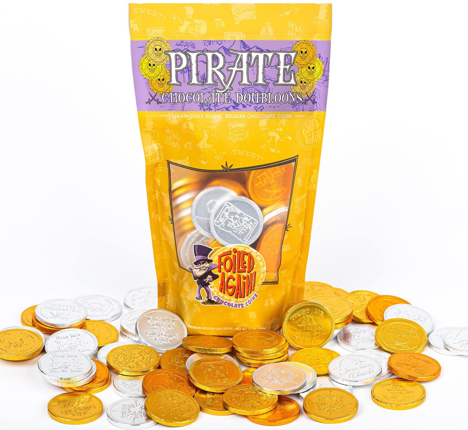 Foiled Again! Chocolate Pirate Coins - 80 Large Doubloons - Belgian Milk Chocolate - Assorted Designs - Gold, Silver &amp; Bronze Foils - Party Favors - Talk Like a Pirate Day Booty