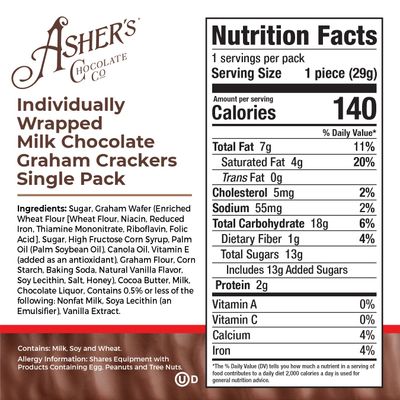 Asher's Chocolates, Chocolate Covered Grahams, Gourmet Sweet and Salty Candy, Individually Wrapped Snack, Family Owned Since 1892 (Milk Chocolate, 18 Count)