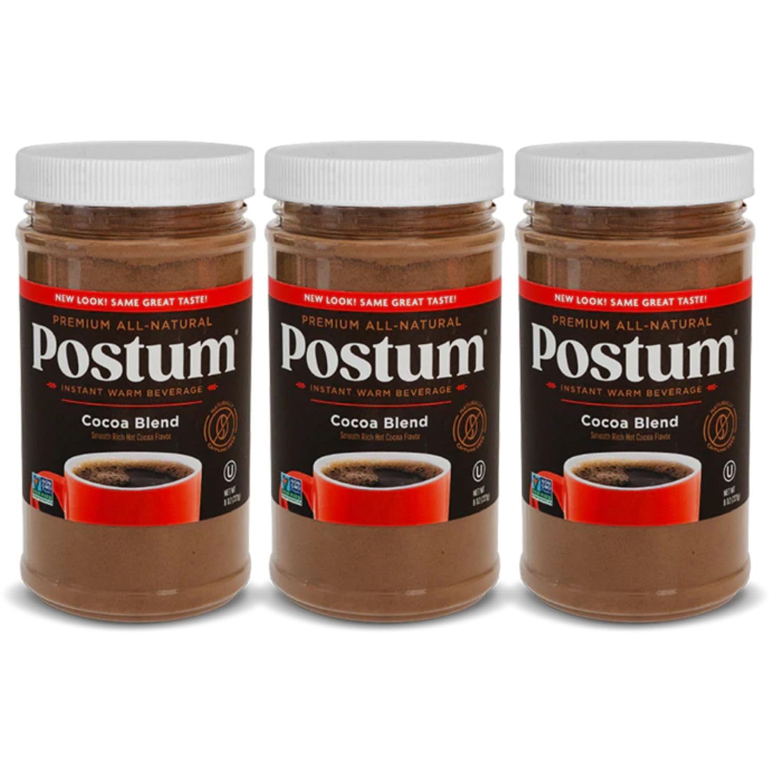 Postum Cocoa Blend Flavor Coffee Substitute Caffeine Free Delight with Roasted Wheat Bran &amp; Molasses (3 x 8oz)| Natural, Non-GMO, Vegan &amp; Healthy Coffee Alternative Caffeine Free Hot Chocolate