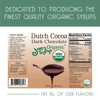 Joes Syrup Organic Flavored Syrup, Organic Dutch Cocoa Dark Chocolate Sauce, 750 ml