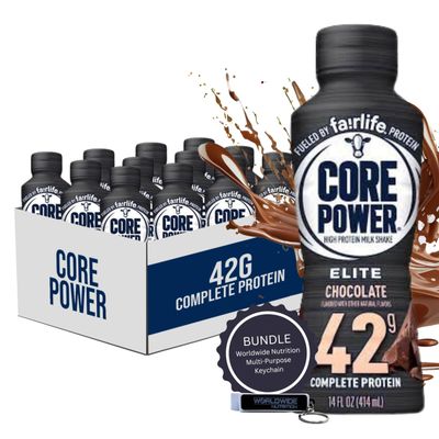 Worldwide Nutrition Bundle: Fairlife Core Power Elite 42g High Protein Milk Shake - Kosher, Chocolate Protein Shake for Workout Recovery - 14 Fl Oz (Pack of 12) &amp; Multi-Purpose Key Chain
