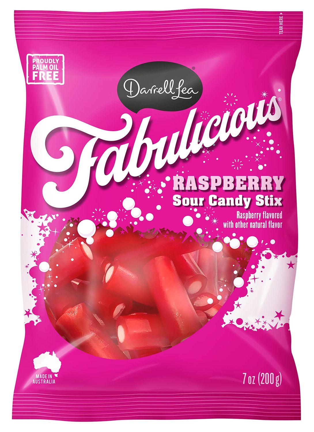 Darrell Lea Fabulicious Raspberry Sour Candy Stix, 7 Ounce (Pack of 8) | Soft and Tangy, No Artificial Flavors, Palm Oil Free, Made in Australia, Shareable