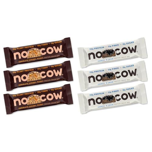 No Cow Vegan Protein Snack Bar Variety Pack, High Protein &amp; 10g Fiber, Low Sugar, Gluten-Free, Dairy-Free, For On-the-Go Nutrition &amp; Post-Workout (Cookies n Cream, Chocolate Caramel Peanut, 6 Count)