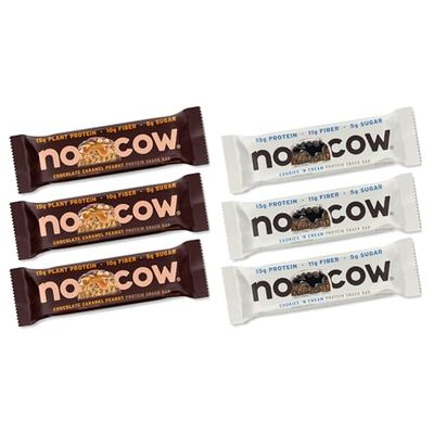 No Cow Vegan Protein Snack Bar Variety Pack, High Protein &amp; 10g Fiber, Low Sugar, Gluten-Free, Dairy-Free, For On-the-Go Nutrition &amp; Post-Workout (Cookies n Cream, Chocolate Caramel Peanut, 6 Count)