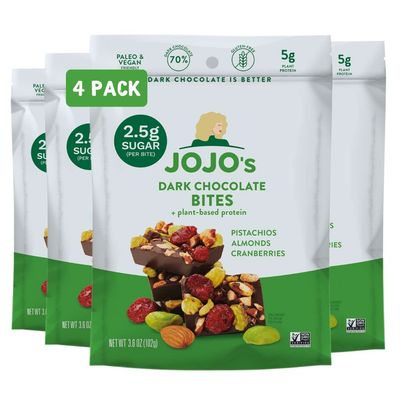 JOJO&#39;s Dark Chocolate Pistachio Almond Cranberry, Healthy Snack, Low Sugar, Low Carb, Gluten Free, Non GMO, Paleo &amp; Keto Friendly, Made with Plant Based Hemp Protein, Vegan (4 Count)