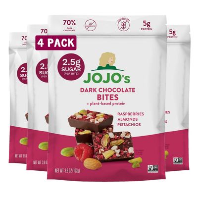 JOJO&#39;s Dark Chocolate Raspberry Almond Pistachio Bites, Added Protein, Low Sugar, Gluten Free, Vegan, Lactose Free (4 Count)
