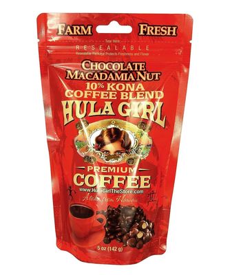 Hula Girl 10% Hawaiian Kona Ground Coffee 5oz Bag (5 Ounce (Pack of 1), Chocolate Mac Nut)