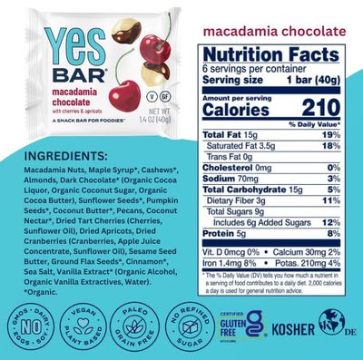The YES Bar - Macadamia Chocolate - Plant Based Protein, Decadent Snack Bar - Vegan, Paleo, Gluten Free, Dairy Free, Low Sugar, Healthy Snack, Breakfast, Low Carb, Keto Friendly (24 Count)