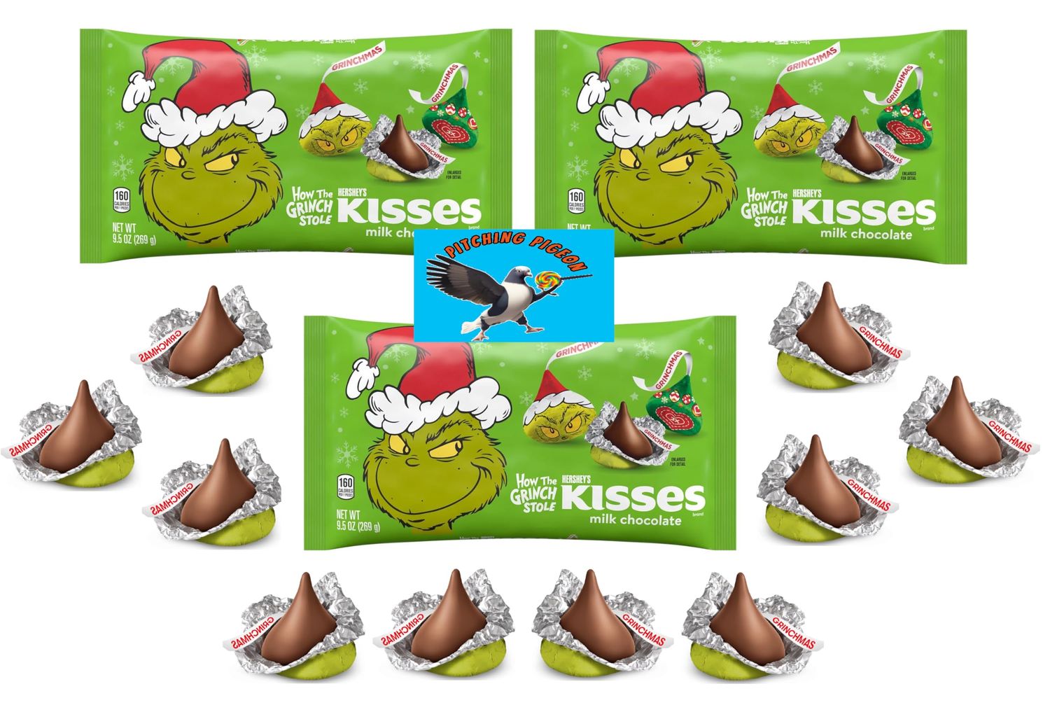 Hershey Kisses Grinch Milk Chocolate Christmas Candy 28.5oz Total - Holiday Stocking Stuffer Gifts - Includes PITCHING PIGEON Brand Magnet