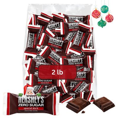 Hershey&#39;Zero Sugar Special Dark Chocolate Miniature Bars, Individually Wrapped Sugar-Free Candy - Unique Taste in 2lb Candy Bulk for the Ultimate Holiday Treat - Christmas Candy Variety Pack