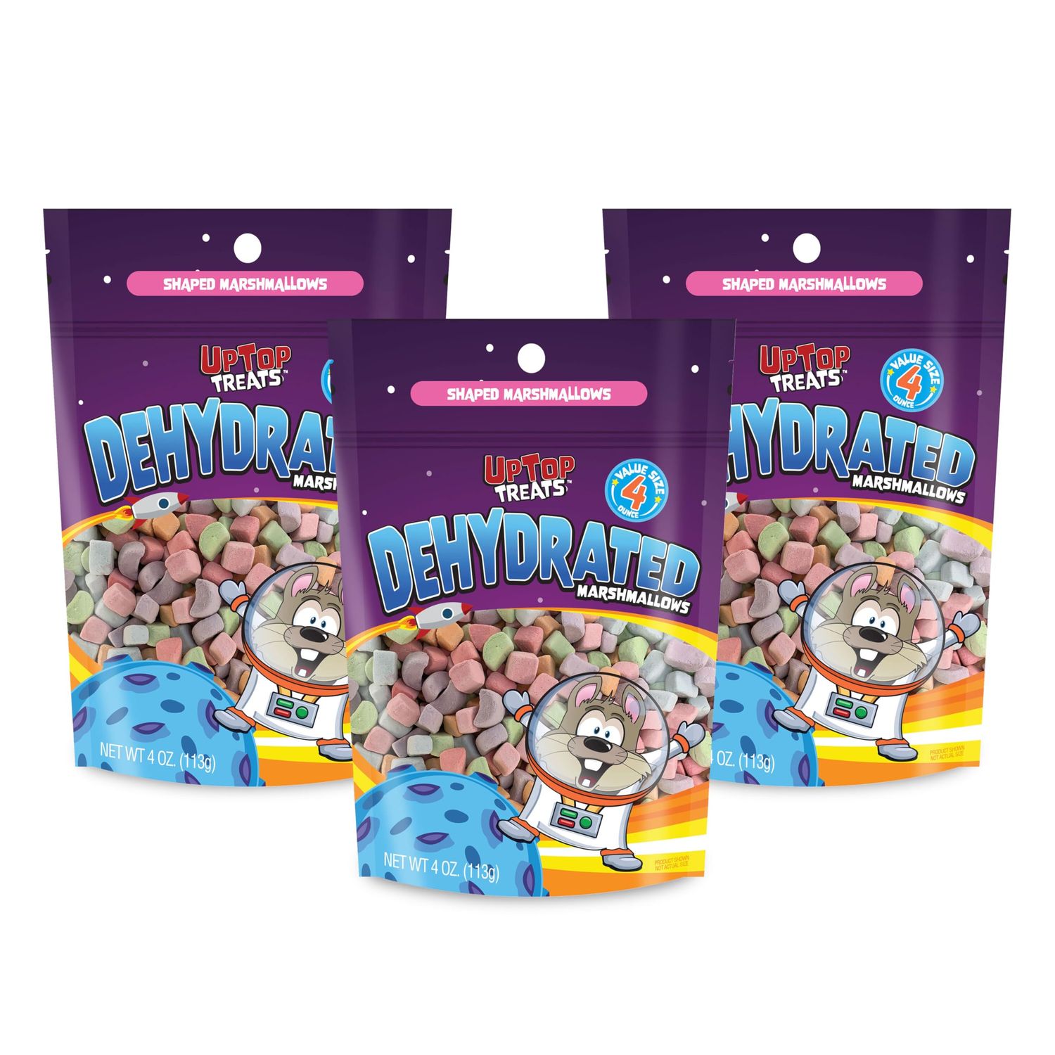 UpTop Treats Vanilla Dehydrated Marshmallows, 3 Pack, Fun Shapes &amp; Colors, Resealable Bulk Bag, Crunchy Marshmallow Sweet Treats For Hot Chocolate, Cereal, Ice Cream Topping, 4 oz Bags (12oz Total)