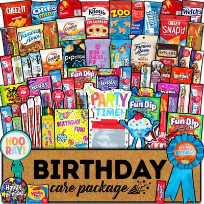 Birthday Party Care Package (65 Pack) Snacks Cookies Chocolate Bar Chips Candy Party Variety Gift Box Assortment Basket Bundle Mix Treat College Students Kids Teens