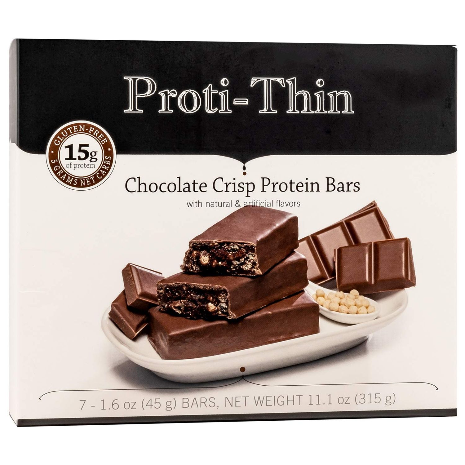 Proti-Thin Chocolate Crisp High Protein Bars, 15g Protein, Low Carb, Low Fat, Low Sugar, No Gluten Ingredients, Ideal Protein Compatible, Aspartame Free, 7 Count Box