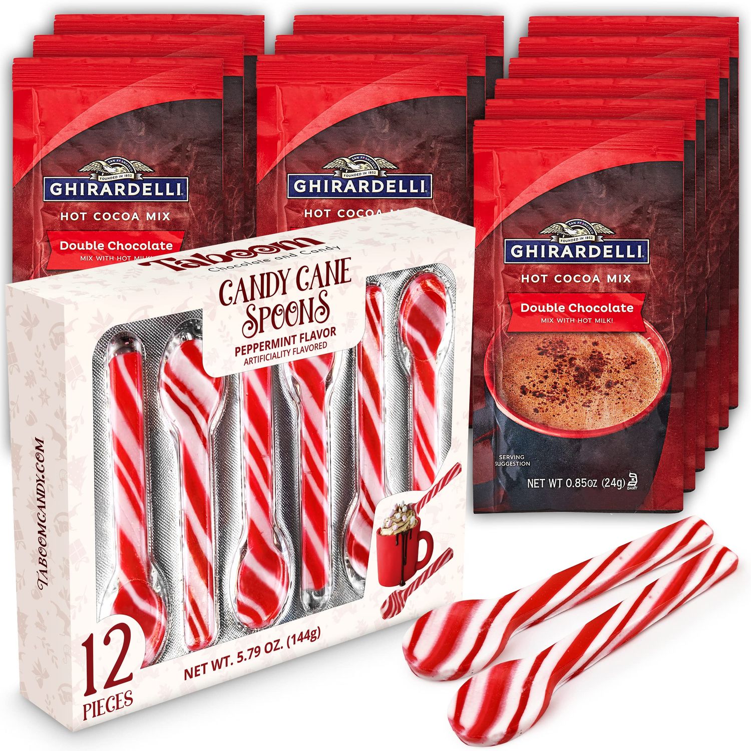 Taboom 12 Candy Cane Spoons Bundled with 12 Double Chocolate Premium Hot Cocoa Packets - Festive Energy-Boosting Hot Chocolate for Christmas
