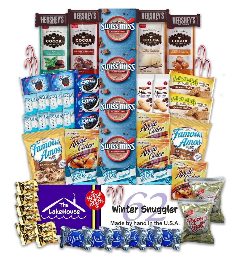 Gourmet Hot Chocolate Gift Sets - 62 Piece Care Package of Hot Cocoa, Apple Cider, Candy Canes, Mini Marshmallows, Popcorn Balls, Cookies, Candy, and Snacks. - Christmas Gift Set from The LakeHouse