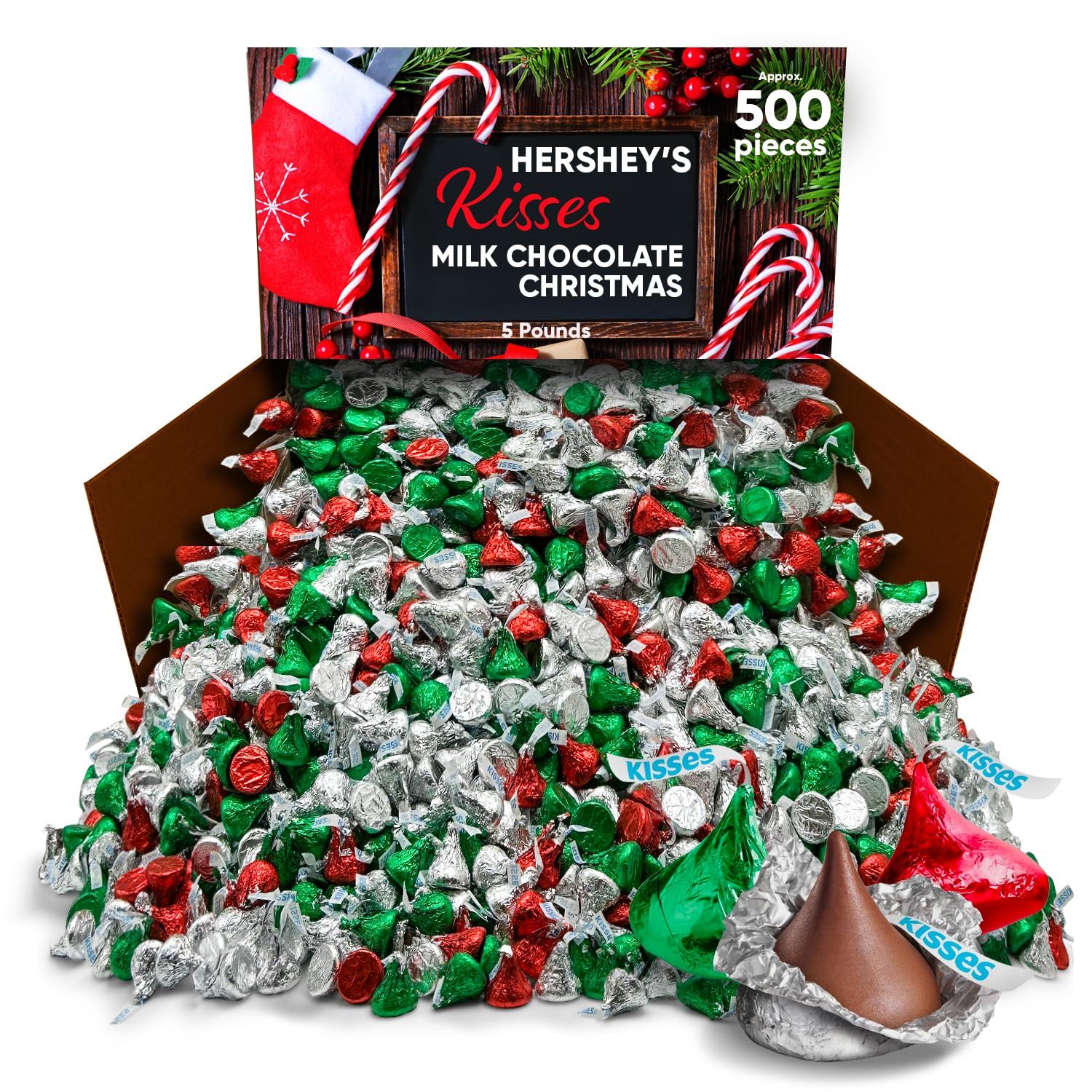 Kisses Holiday Milk Chocolate Candy 5 Pounds approx 500 pieces - Individually Wrapped Candy in Festive Red, Green &amp; Silver Foils - Perfect as Stocking Stuffers and Party Favors at Christmas