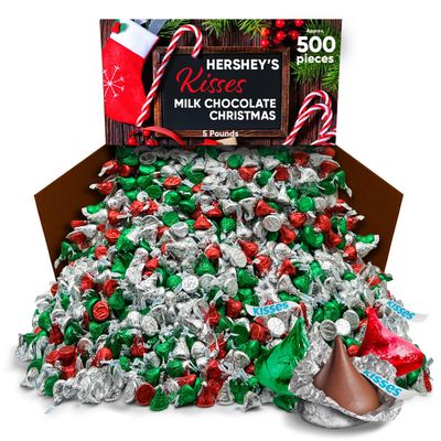 Kisses Holiday Milk Chocolate Candy 5 Pounds approx 500 pieces - Individually Wrapped Candy in Festive Red, Green &amp; Silver Foils - Perfect as Stocking Stuffers and Party Favors at Christmas