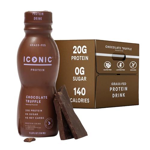 Iconic Protein Drinks, Chocolate Truffle (12 Pack) - Sugar Free &amp; Low Carb - 20g Grass Fed Protein - Lactose Free, Gluten Free, Non-GMO, Kosher - Keto Friendly Protein Shakes