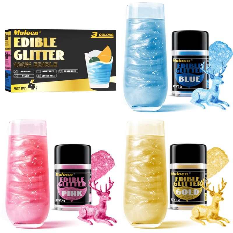 Edible Glitter, 3 Colors 100% Edible Glitter for Drinks, Cake Decorating Supplies, Cookie Decorating Supplies, Strawberries, Cookie, Cocktails, Chocolate, etc. Luster Dust Edible(4g per Bottle)