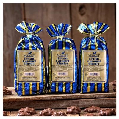 Mascot Pecan Milk Chocolate Caramel Clusters, Individually Wrapped, 3 - 8 oz Foil Bags - Gourmet Nuts and Candies Since 1955