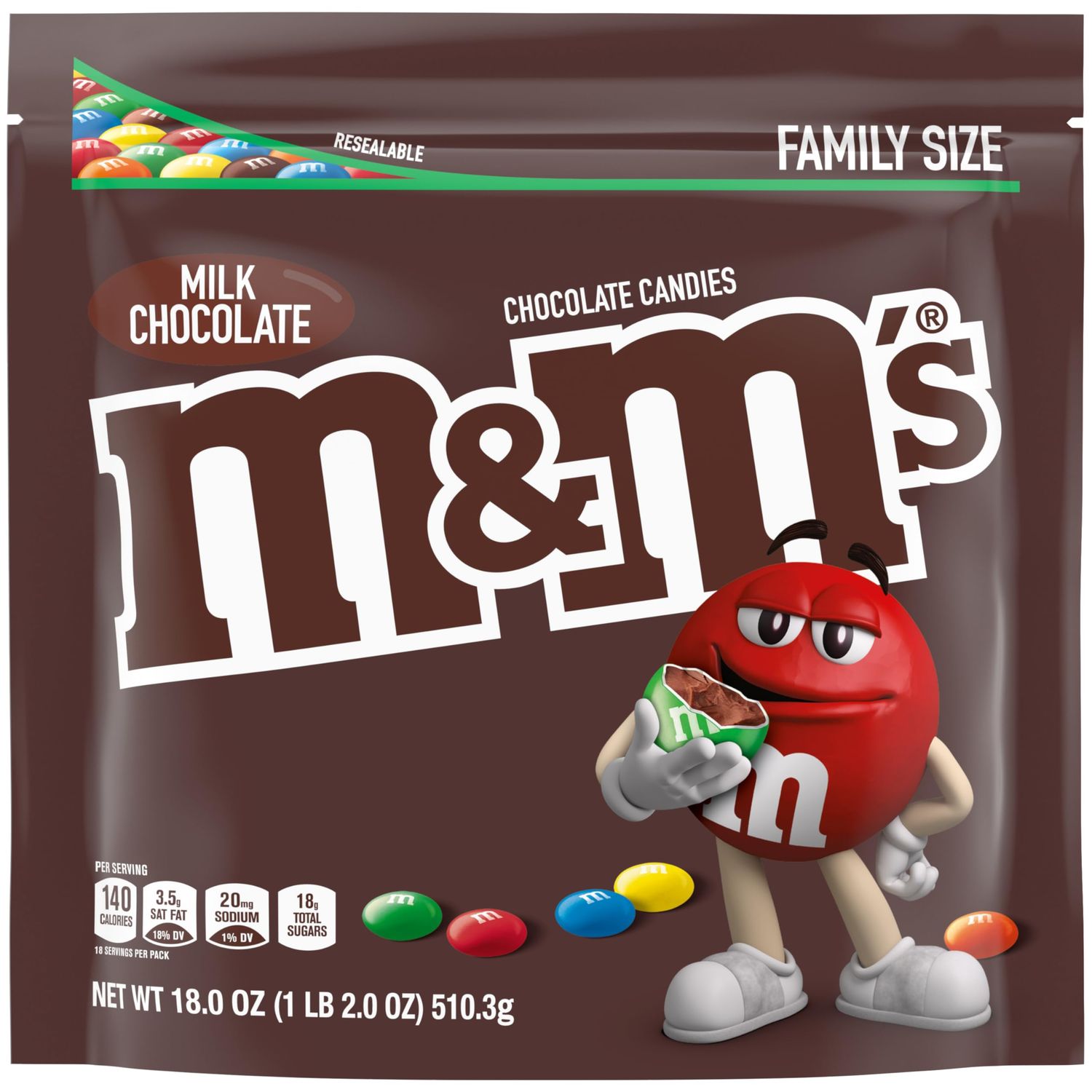M&amp;M&#39;S Milk Chocolate Candy, Family Size, 18 oz Resealable Bulk Candy Bag
