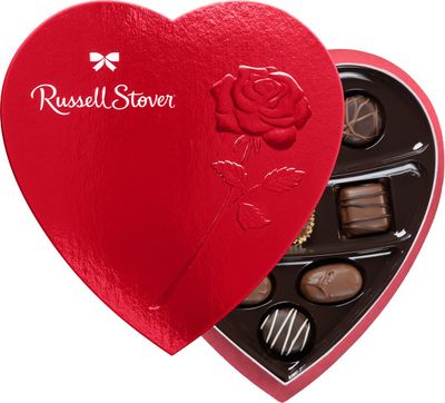 RUSSELL STOVER Valentine's Day Red Foil Heart Assorted Milk &amp; Dark Chocolate Gift Box, 5.1 oz. (9 pieces)