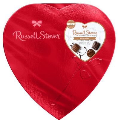 RUSSELL STOVER Valentine&#39;s Day Red Foil Heart Assorted Milk &amp; Dark Chocolate Gift Box, 5.1 oz. (9 pieces)