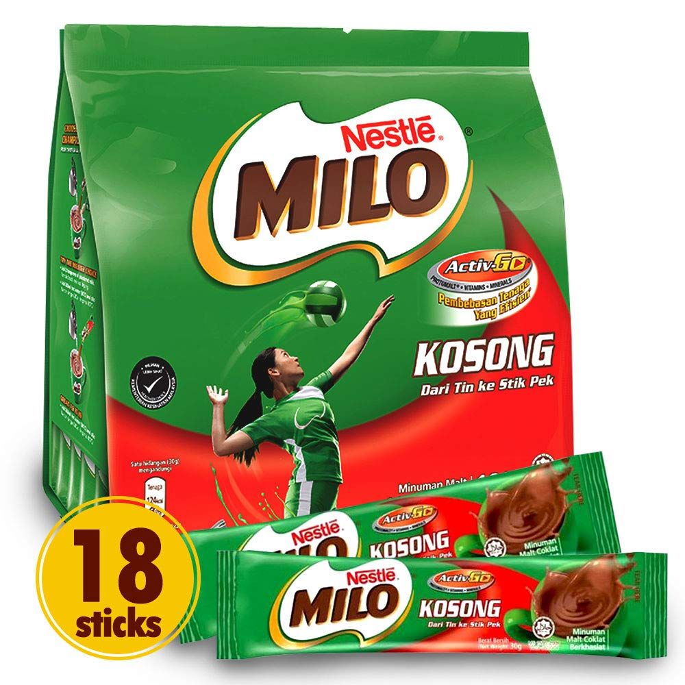 NESTL MILO Chocolate Powder - Instant Malt Chocolate Milk Powdered Drink, ORIGINAL - On The Go Fortified Powder Energy Drink - Less Sweet than Milo 3 in 1 - Imported from Malaysia, 18 Sticks